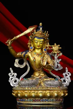 Коллекция Тибетского храма 9 дюймов, Старинный тибетский серебряный контур с золотой мозаикой, драгоценный камень Манджушри, Зал поклонения Будде, Городской дом