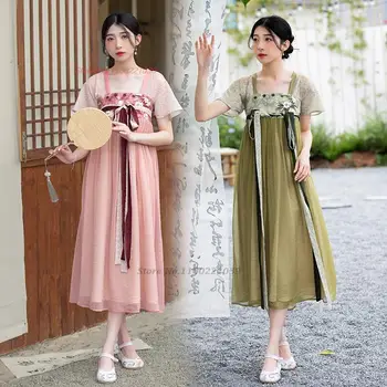 2023 китайское улучшенное платье hanfu, национальное платье для сценических танцев, ретро-платье с цветочным принтом, народное платье трапециевидной формы, шифоновое платье восточной феи