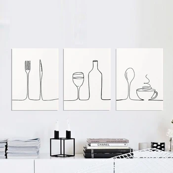 Скандинавская абстрактная линейная живопись, Кофе, красное вино, искусство домашнего декора, качественный холст, Плакат, Кухня, столовая, гостиная, Настенный декор, Картина