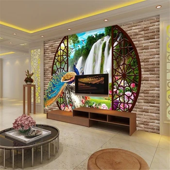 beibehang 3d павлин с видом на водопад фрески Европа ТВ фон кирпичные обои гостиная спальня фрески papel de parede