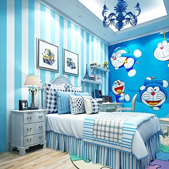 Средиземноморские синие обои нетканая спальня детская комната Doraemon jingle cat тема синие обои в вертикальную полоску