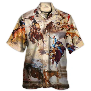 Мужская рубашка с принтом Западной Америки, топы с короткими рукавами в виде 3D лошади, Винтажная Мужская одежда Оверсайз, Повседневная блузка с Кубинским воротником, Новинка, Лидер продаж