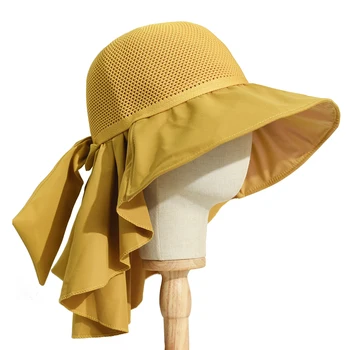 Летняя женская Широкополая шляпа с шалью, легкая дышащая сетка, защита для лица и шеи, Солнцезащитная шляпа с бантом, Дизайн складок, Дорожная пляжная кепка