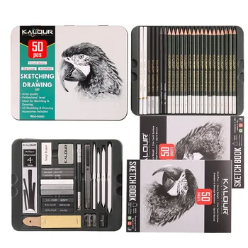 KALOUR 52 шт., набор карандашей для рисования графитовым углем, Профессиональный набор инструментов для рисования деревянным карандашом, Альбом для рисования для начинающих