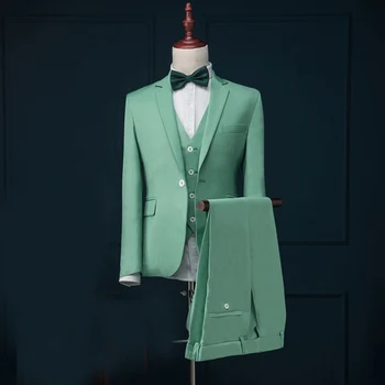 Мятно-зеленые Повседневные мужские костюмы Slim Fit для выпускного вечера, Блейзер из 3 предметов, жилет с брюками, Свадебный Смокинг для Жениха, Мужской модный костюм 2021