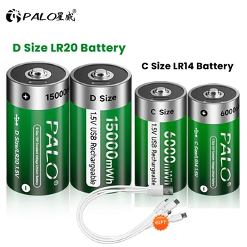 Аккумуляторная батарея размера 1.5В D 15000 МВтч, Зарядка через USB, литий-ионные аккумуляторы LR20, 6000 МВтч, Тип батареи размера C, литий-ионная батарея типа C LR14