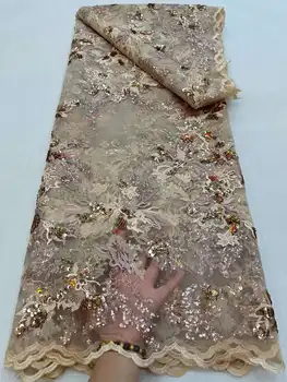 Золотая Французская африканская кружевная ткань с цветочной вышивкой 2023, Высококачественные нигерийские тюлевые кружевные ткани с пайетками для Шитья свадебных платьев