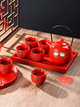 Традиционное Свадебное Украшение, Красный Чайный Сервиз, Фарфоровый Китайский Чайник Кунг-Фу, Чайные Чашки, Чайный Сервиз, Чайная Посуда с Ручкой для Взрослых
