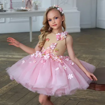 Милое Розовое платье для девочек с 3D цветами, тюлевое платье-пачка, вечерние платья телесного Цвета, платье на День рождения