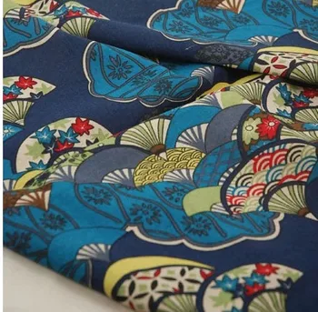 хлопковое белье Японский стиль синий цветок вентилятор ткани ручной работы, одеждой, график DIY лоскутная скатерть, подушки, текстиль