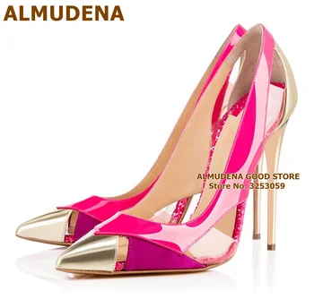 ALMUDENA/ Розовые туфли на высоком каблуке, Цветные туфли-лодочки в стиле пэчворк с вырезами, Прозрачные ПВХ Туфли на шпильке с острым носком, Свадебные туфли Для подиума, Размер 45-12 см