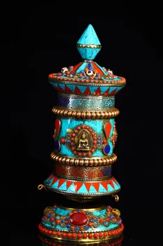 Коллекция Тибетского храма 10 дюймов, старая бронзовая мозаика, бирюзовый драгоценный камень, бусины gZi, Старые Священные Писания, Молитвенное колесо, амулет, Зал поклонения Дхарме