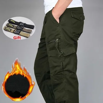 Мужские зимние теплые плотные брюки из двухслойного флиса в стиле Милитари, Армейский камуфляж, Тактические хлопковые Длинные брюки, Мужские Мешковатые брюки-карго