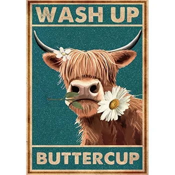 B Металлическая Жестяная Ретро Вывеска Wash Up Buttercup Металлический Плакат, Металлический Плакат с коровой, Забавное Настенное Искусство с коровой, Подвесной Декор для ванной Комнаты, Дом