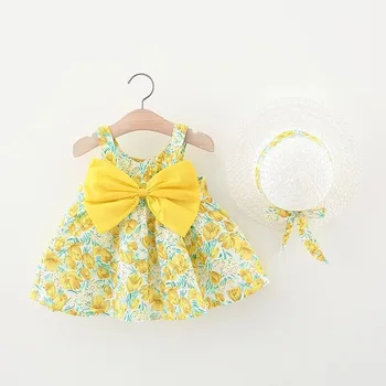 Летние детские платья, 2 предмета, модное хлопковое пляжное платье принцессы с милым цветочным бантом + шляпка, бутик одежды для девочек, одежда для младенцев