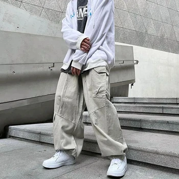 Японские Ретро Уличные брюки Y2k Свободного Покроя, Мужские Летние Новые хип-хоп Брюки с большими карманами, Повседневные прямые Широкие брюки