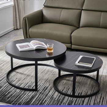 Журнальный столик Arno с круглой каменной плитой Комбинированный Простой стол в скандинавском стиле Выдвижной O87