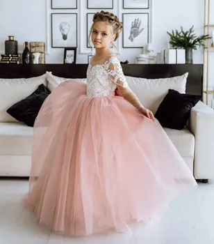 Пышные тюлевые платья с цветочным узором для девочек, Белое кружевное розовое праздничное платье для девочек, платье для Первого причастия, Детский размер От 1 до 14 лет