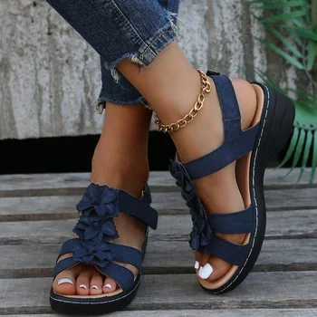 Женские сандалии 2022, летние новые модные однотонные украшения в виде цветов на пальцах, Удобная женская обувь для отдыха на открытом воздухе, Sandalias