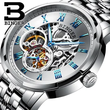 Мужские часы со скелетом, роскошные брендовые деловые наручные часы BINGER, светящиеся, автоматические, с автоподзаводом, из нержавеющей стали, водонепроницаемые