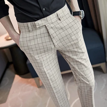 Весенние мужские брюки 2023, Высококачественная Мужская одежда, Мужские деловые повседневные брюки в клетку в английском стиле со средней талией, облегающий костюм