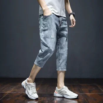 Новые Модные Подростковые Джинсы Seven Point с прорезями, Мужские Летние Шорты корейского бренда, Дизайнерские Шорты для отдыха и путешествий, Тонкие эластичные ножки