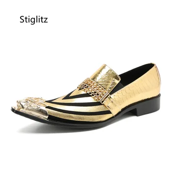 Серебристо-Золотая Мужская обувь из натуральной кожи с металлическим носком и цепочкой на плоской подошве, Повседневная Деловая Свадебная обувь, Социальная обувь для жениха, Мужские Лоферы