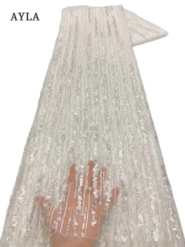 Белый Африканский Тюль, Сетчатая ткань с вышивкой, Свадебная Кружевная ткань с блестками, Французская Дубайская ткань с бисером для пошива вечернего платья, 5 ярдов