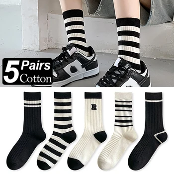 5 пар женских носков, Модные хлопковые дышащие осенне-зимние длинные носки с вышивкой букв, спортивные носки, повседневные полосатые носки для девочек