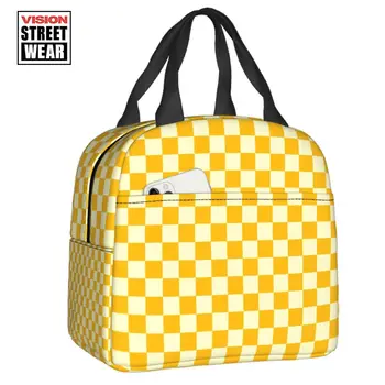 Кремово-Желтая Шахматная Изолированная Сумка Для Ланча Tote Bag For Geometric Checkered Resuable Thermal Cooler Food Lunch Box School