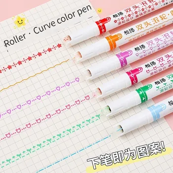 6-Цветная Гелевая ручка с двойным наконечником Kawaii Curve Line Highlighter для заметок, Маркер для рисования, Записи, Блокнот для вырезок, канцелярские принадлежности