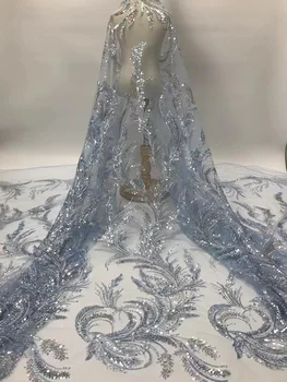 Небесно-Голубая Кружевная ткань Sequence в африканском стиле 2023, Новейшая Высококачественная французская Тюлевая Кружевная вышивка бисером для вечернего платья