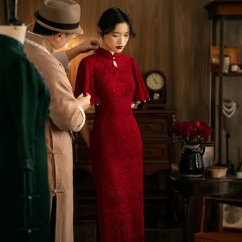 Китайский традиционный Свадебный Тост Cheongsam 2023 Новый Весенний Темперамент Улучшенное Красное Вечернее Длинное Коктейльное платье Qipao для Помолвки