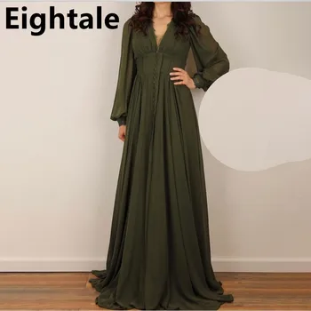 Армейское зеленое шифоновое вечернее платье трапециевидной формы с Длинным пышным рукавом, сексуальное кружевное платье с V-образным вырезом, сшитое на заказ, плюс Размер, арабское вечернее платье для выпускного вечера