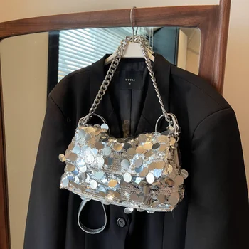Дизайнерская сумка через плечо с металлическими блестками, женская роскошная брендовая сумочка на цепочке, Женская модная Простая однотонная сумка-мессенджер, Женский кошелек